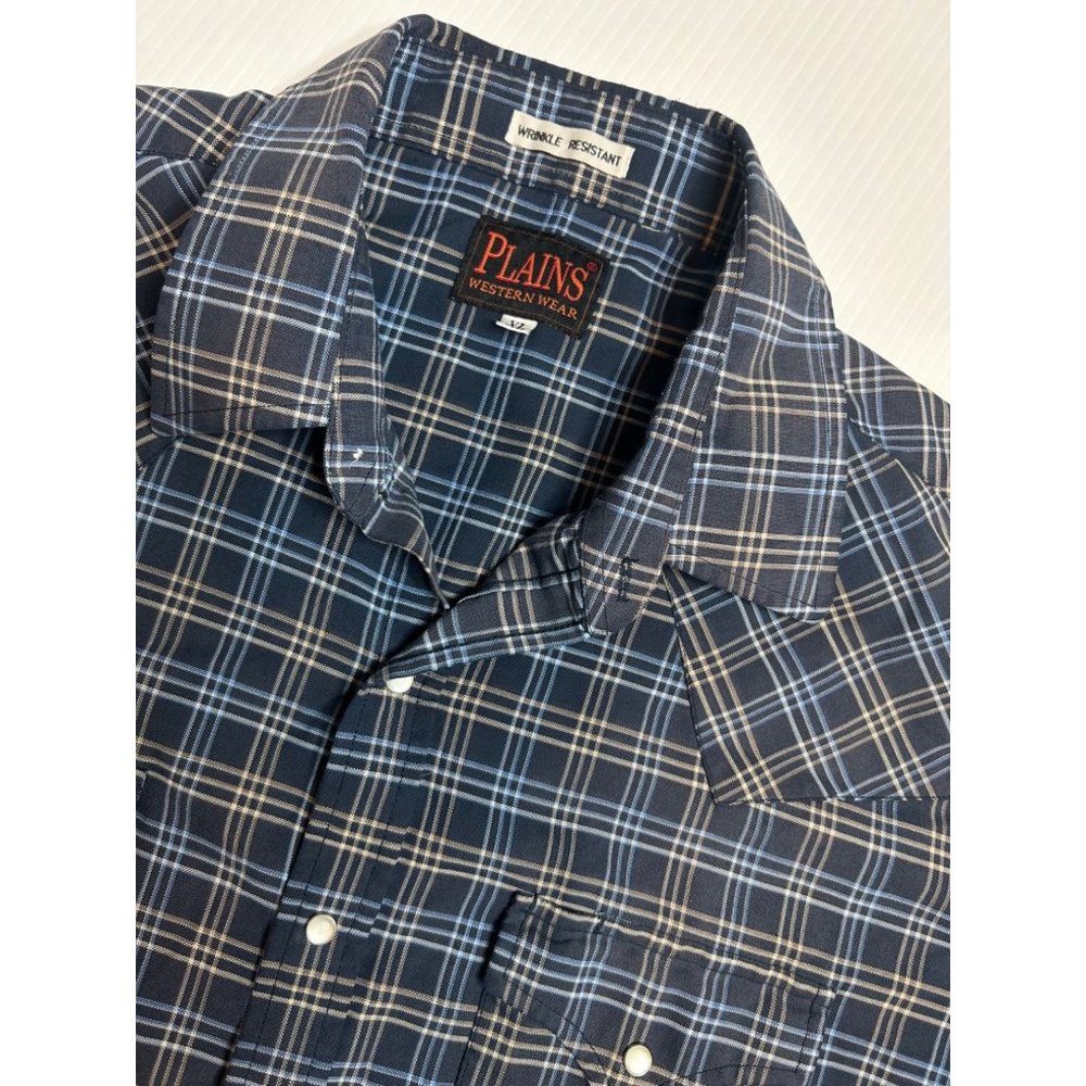 Plains Western Wear Mens XL Blue Plaid Pearl Snap Wrinkle Resistant Short Sleeve